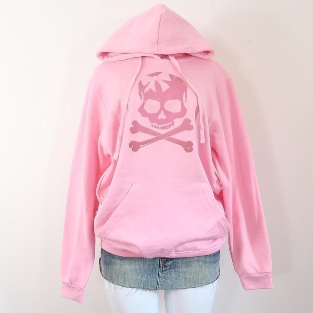 pink skull crossbones hoodie y2k mall goth mcbling